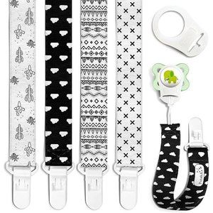 Pacifier Clips 4 Pc Set Black White Modern Design Binky Clip Fits All Pacifiers